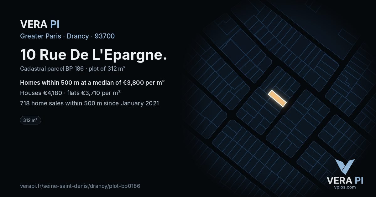 10 Rue De L'Epargne, Drancy at night – the plot lit, the parcels around coloured by the prices near them