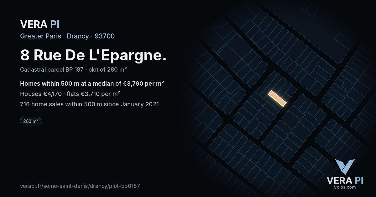 8 Rue De L'Epargne, Drancy at night – the plot lit, the parcels around coloured by the prices near them