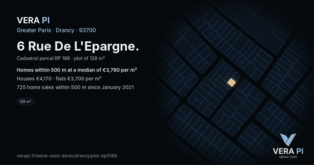 6 Rue De L'Epargne, Drancy at night – the plot lit, the parcels around coloured by the prices near them