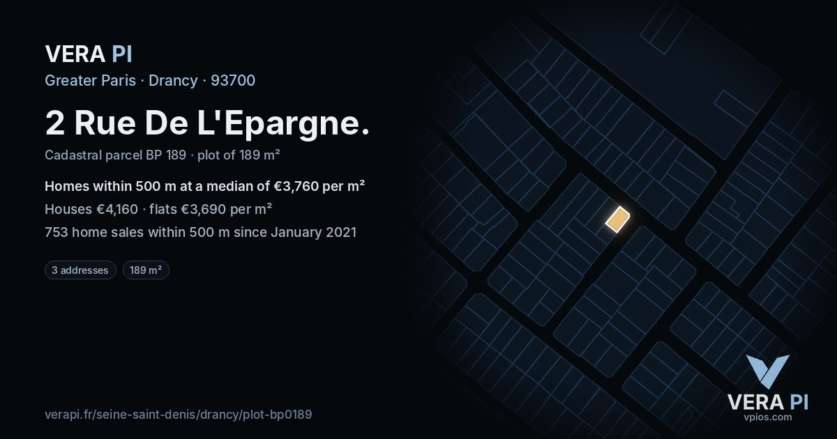 2 Rue De L'Epargne, Drancy at night – the plot lit, the parcels around coloured by the prices near them