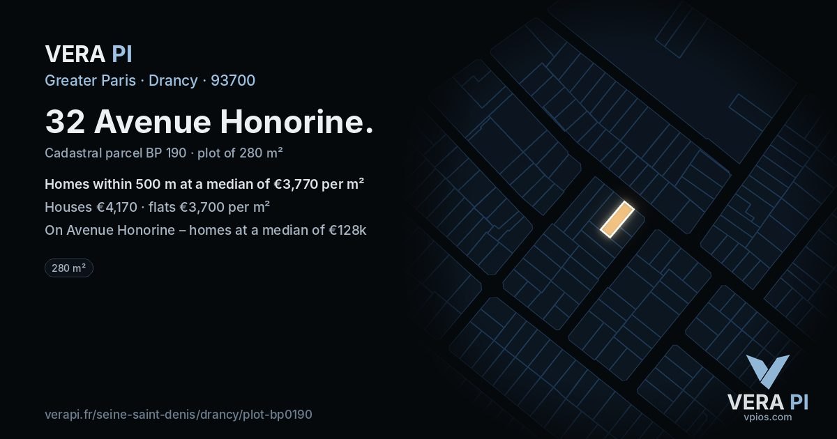 32 Avenue Honorine, Drancy at night – the plot lit, the parcels around coloured by the prices near them
