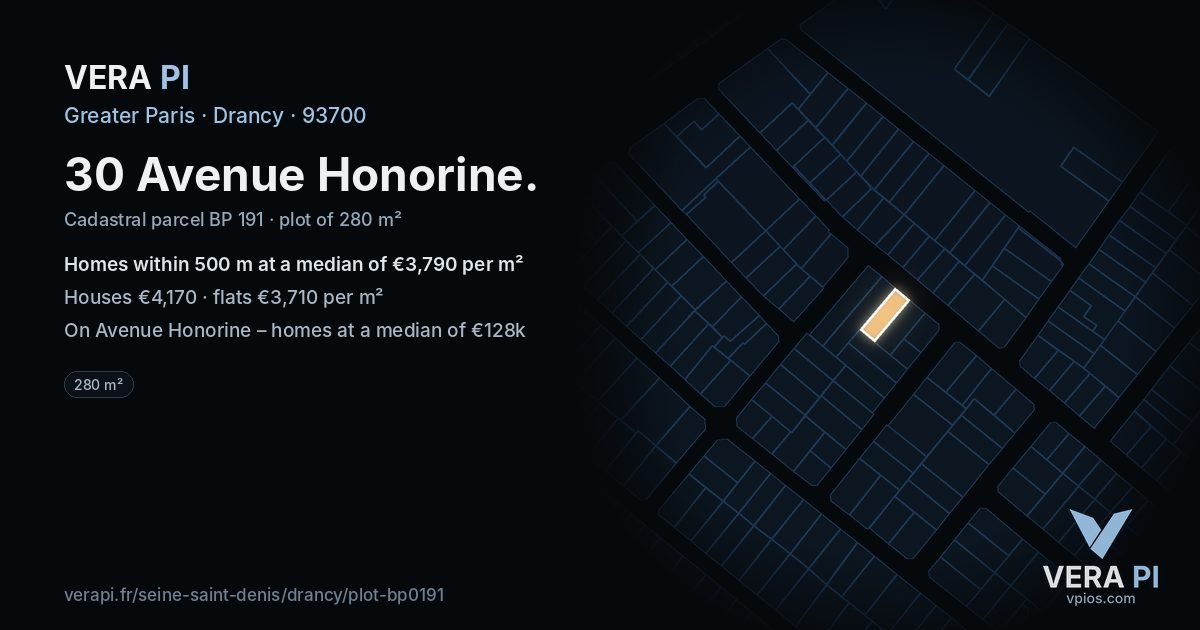 30 Avenue Honorine, Drancy at night – the plot lit, the parcels around coloured by the prices near them