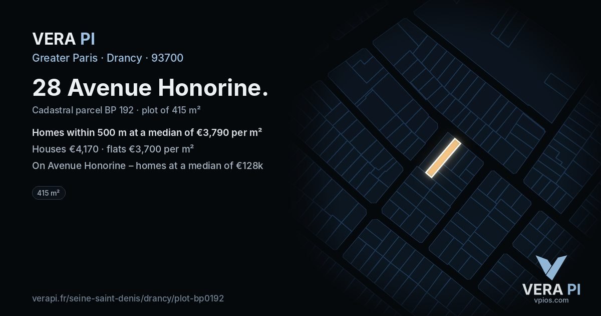28 Avenue Honorine, Drancy at night – the plot lit, the parcels around coloured by the prices near them
