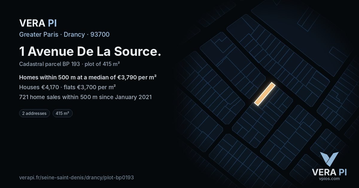 1 Avenue De La Source, Drancy at night – the plot lit, the parcels around coloured by the prices near them