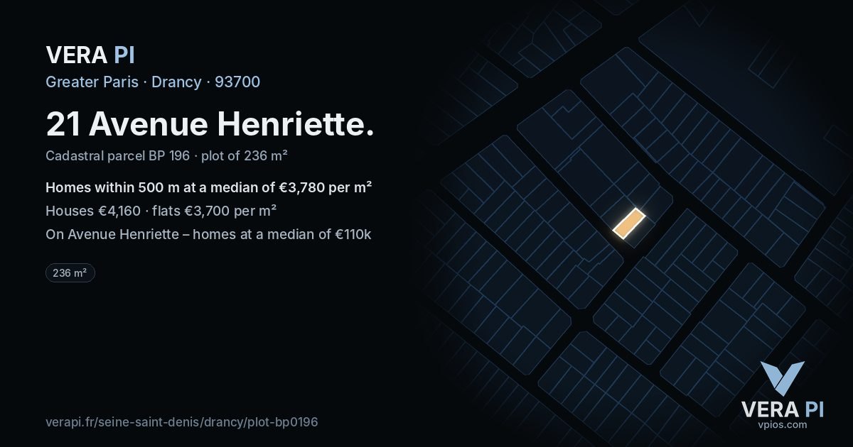 21 Avenue Henriette, Drancy at night – the plot lit, the parcels around coloured by the prices near them