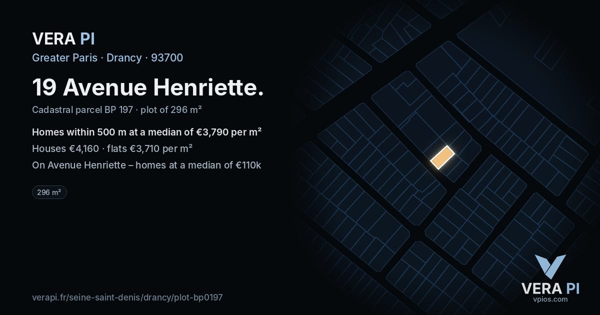 19 Avenue Henriette, Drancy at night – the plot lit, the parcels around coloured by the prices near them