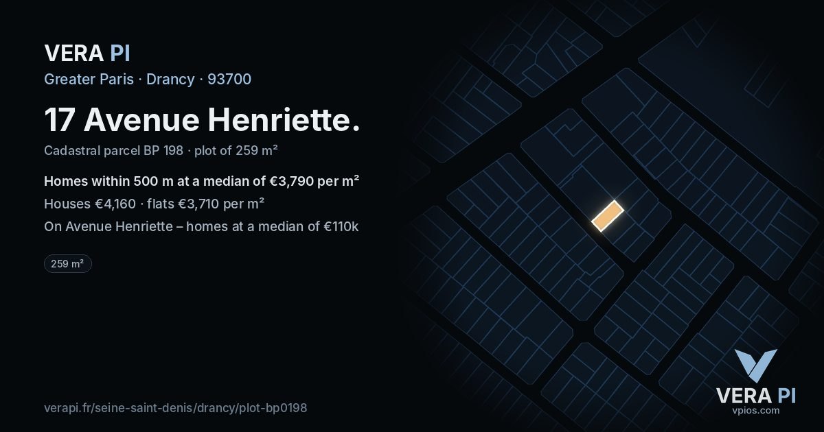 17 Avenue Henriette, Drancy at night – the plot lit, the parcels around coloured by the prices near them