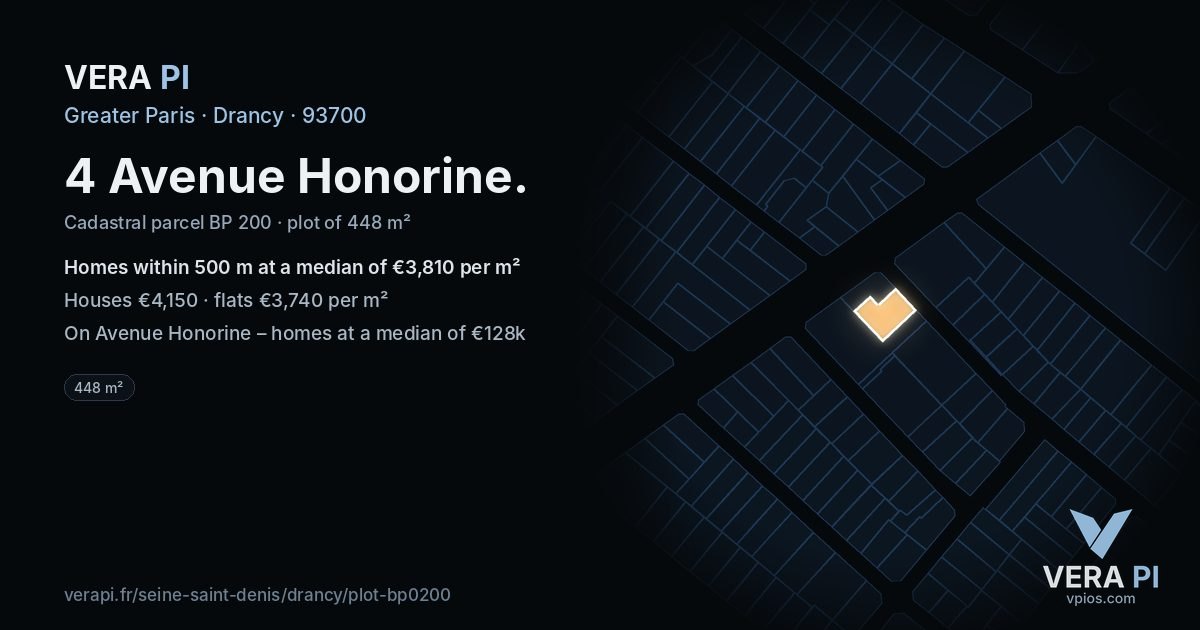 4 Avenue Honorine, Drancy at night – the plot lit, the parcels around coloured by the prices near them