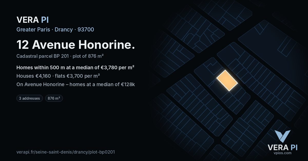 12 Avenue Honorine, Drancy at night – the plot lit, the parcels around coloured by the prices near them