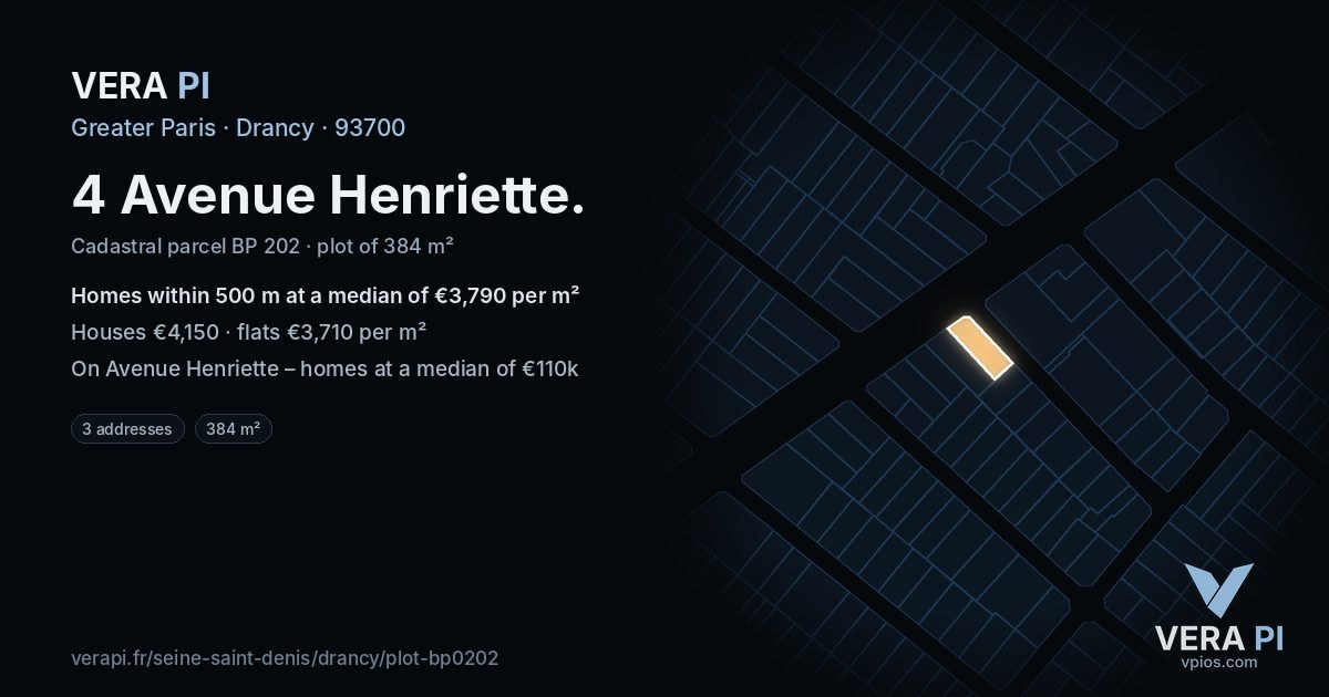 4 Avenue Henriette, Drancy at night – the plot lit, the parcels around coloured by the prices near them