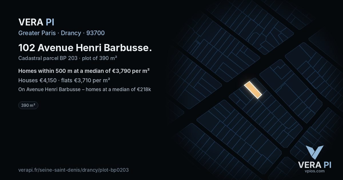 102 Avenue Henri Barbusse, Drancy at night – the plot lit, the parcels around coloured by the prices near them
