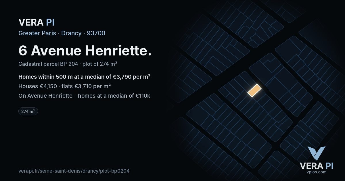 6 Avenue Henriette, Drancy at night – the plot lit, the parcels around coloured by the prices near them