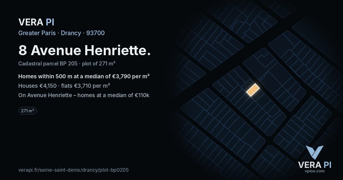 8 Avenue Henriette, Drancy at night – the plot lit, the parcels around coloured by the prices near them