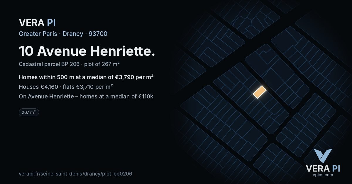 10 Avenue Henriette, Drancy at night – the plot lit, the parcels around coloured by the prices near them