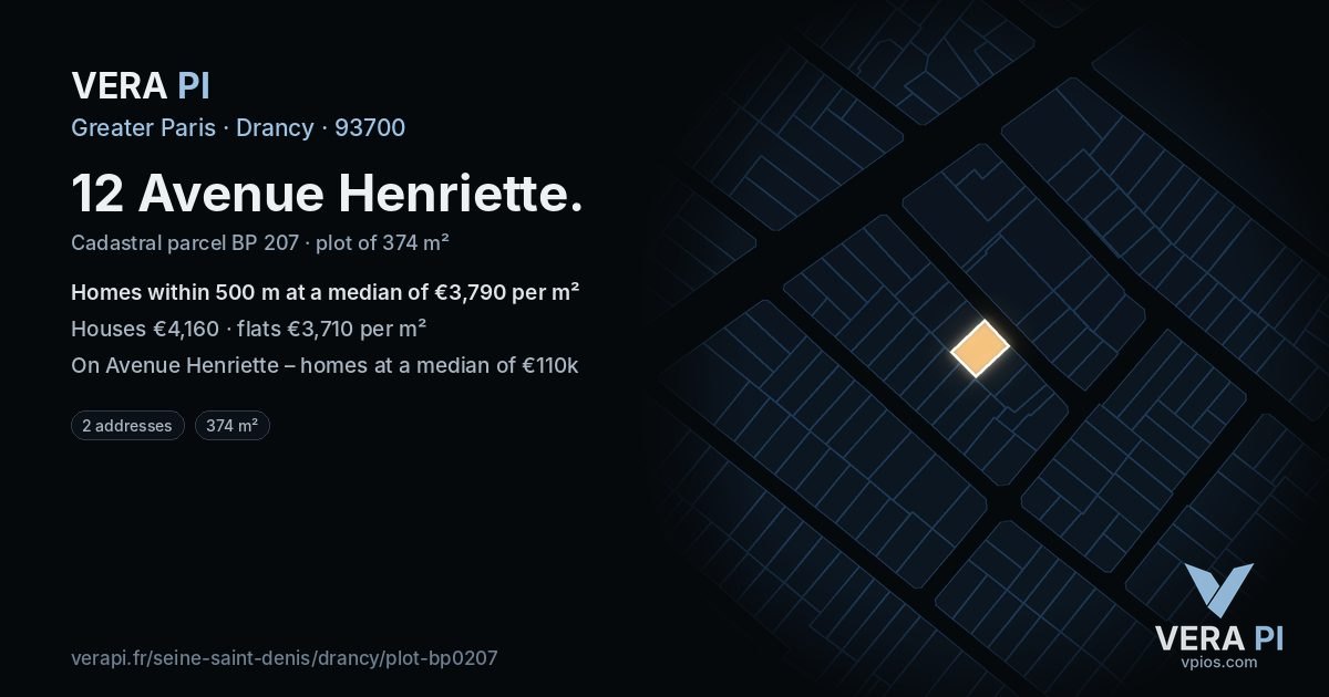 12 Avenue Henriette, Drancy at night – the plot lit, the parcels around coloured by the prices near them