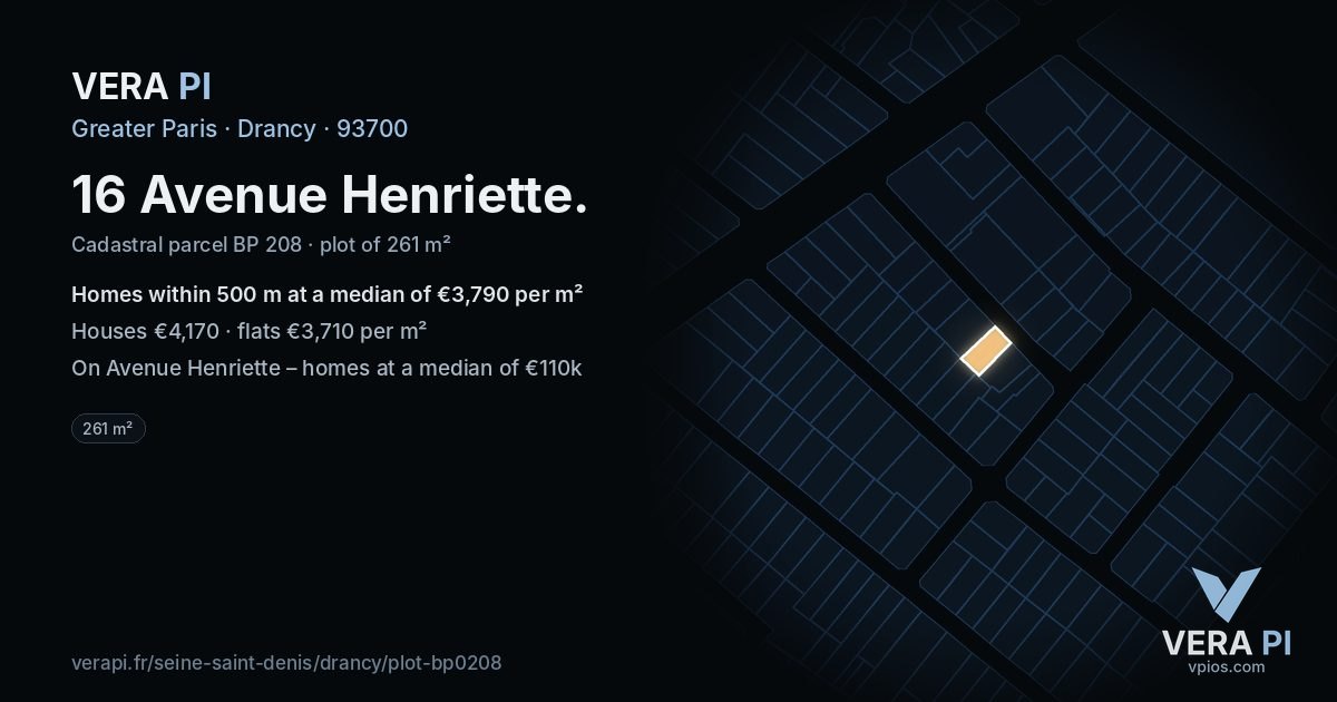 16 Avenue Henriette, Drancy at night – the plot lit, the parcels around coloured by the prices near them