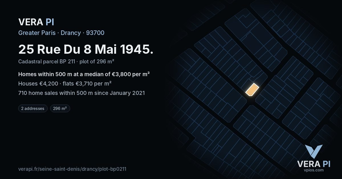 25 Rue Du 8 Mai 1945, Drancy at night – the plot lit, the parcels around coloured by the prices near them