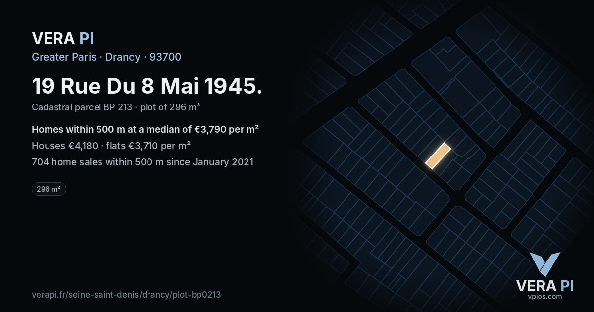 19 Rue Du 8 Mai 1945, Drancy at night – the plot lit, the parcels around coloured by the prices near them