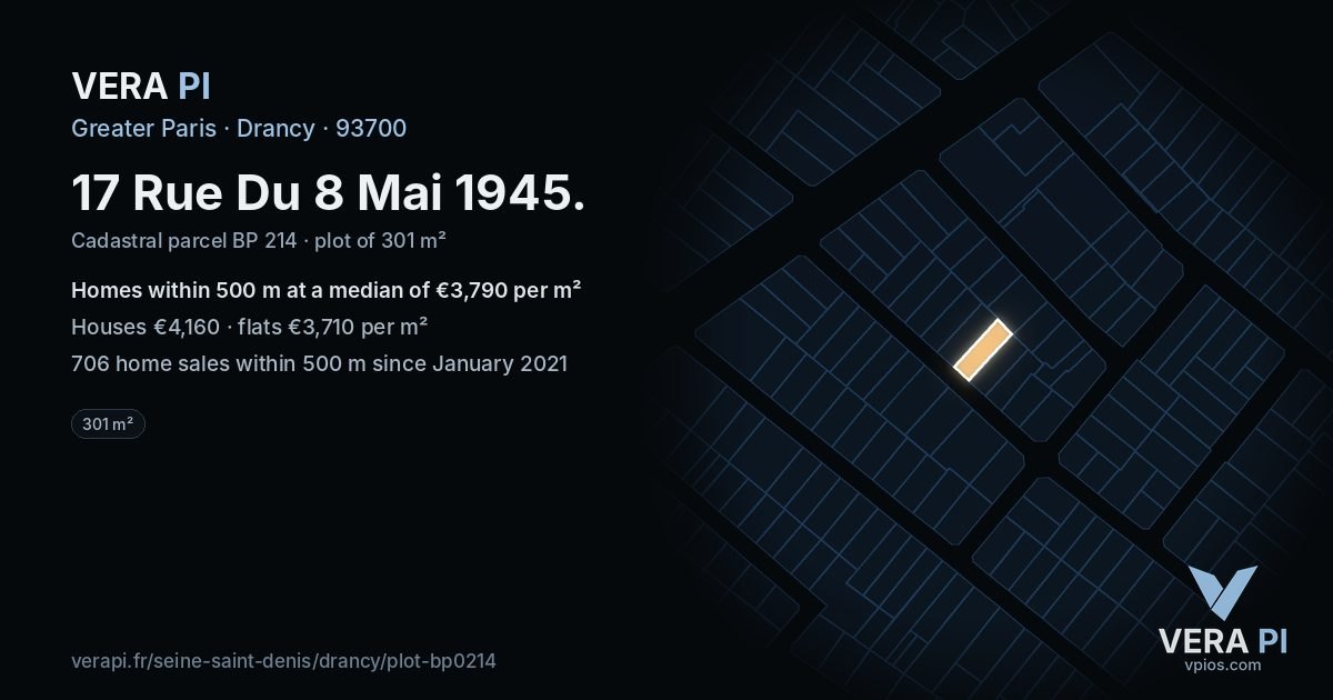 17 Rue Du 8 Mai 1945, Drancy at night – the plot lit, the parcels around coloured by the prices near them