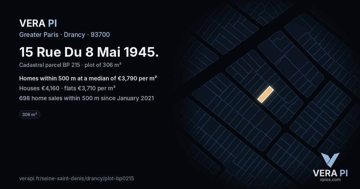 15 Rue Du 8 Mai 1945, Drancy at night – the plot lit, the parcels around coloured by the prices near them