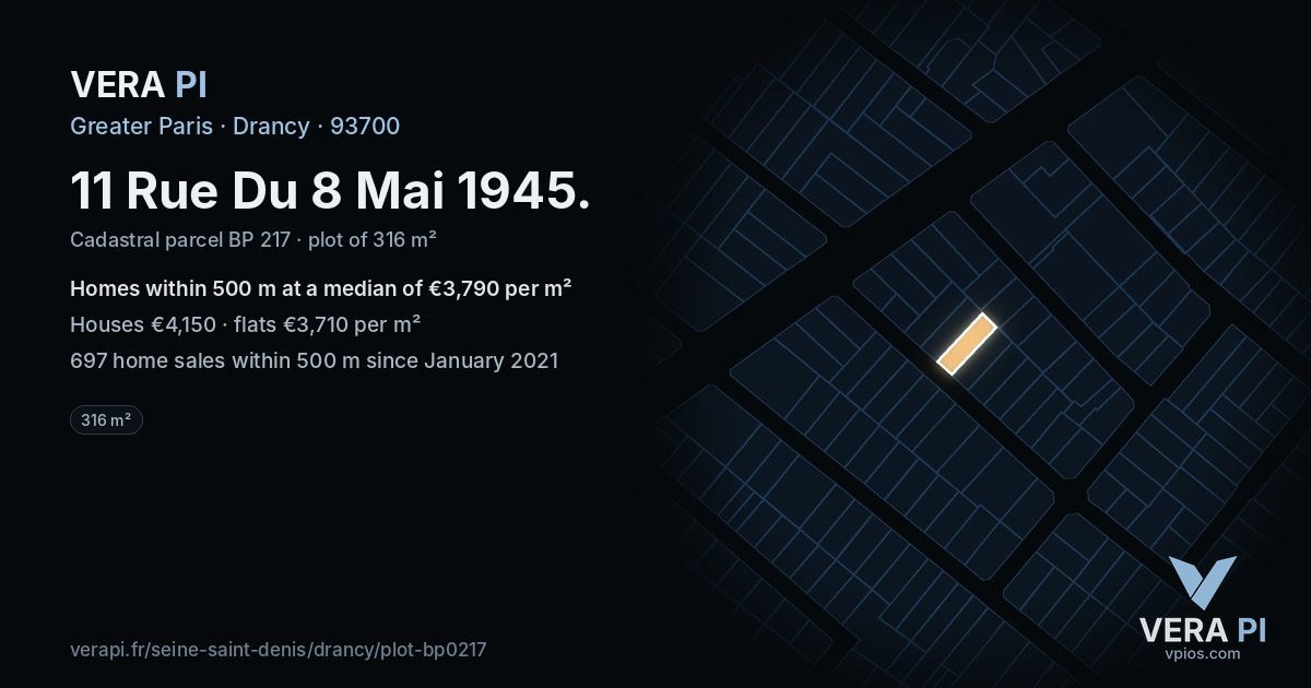 11 Rue Du 8 Mai 1945, Drancy at night – the plot lit, the parcels around coloured by the prices near them