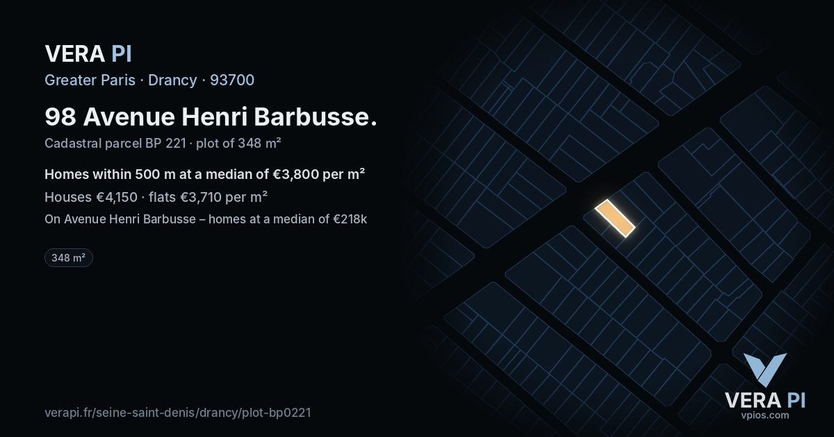 98 Avenue Henri Barbusse, Drancy at night – the plot lit, the parcels around coloured by the prices near them