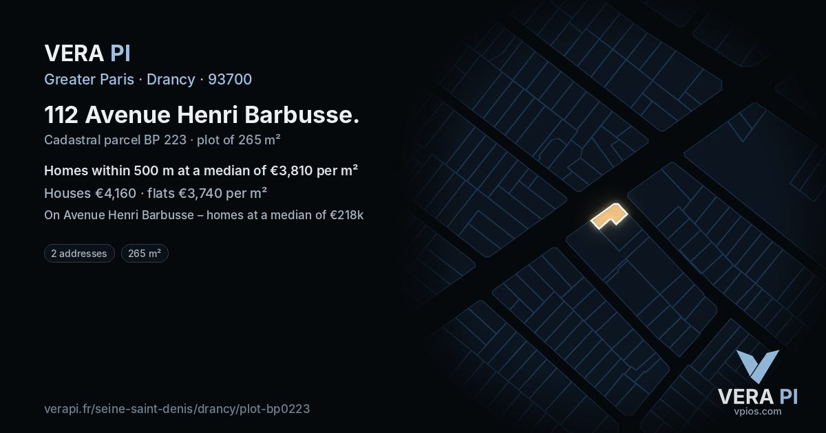 112 Avenue Henri Barbusse, Drancy at night – the plot lit, the parcels around coloured by the prices near them