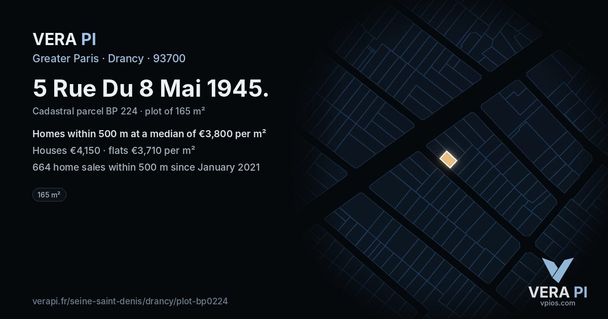 5 Rue Du 8 Mai 1945, Drancy at night – the plot lit, the parcels around coloured by the prices near them