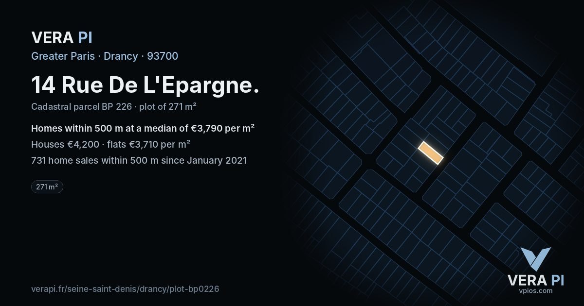 14 Rue De L'Epargne, Drancy at night – the plot lit, the parcels around coloured by the prices near them