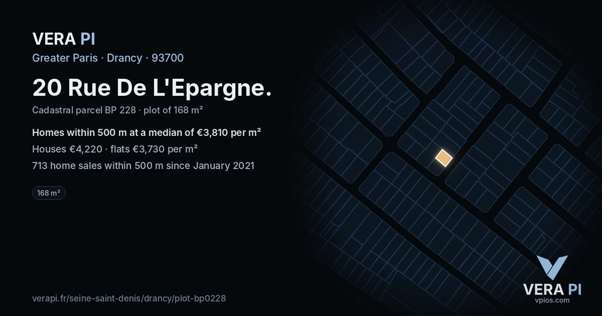 20 Rue De L'Epargne, Drancy at night – the plot lit, the parcels around coloured by the prices near them