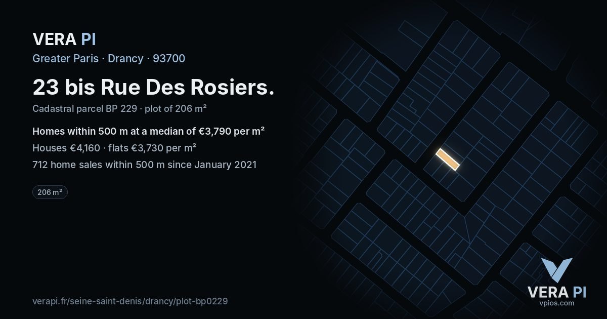 23 bis Rue Des Rosiers, Drancy at night – the plot lit, the parcels around coloured by the prices near them