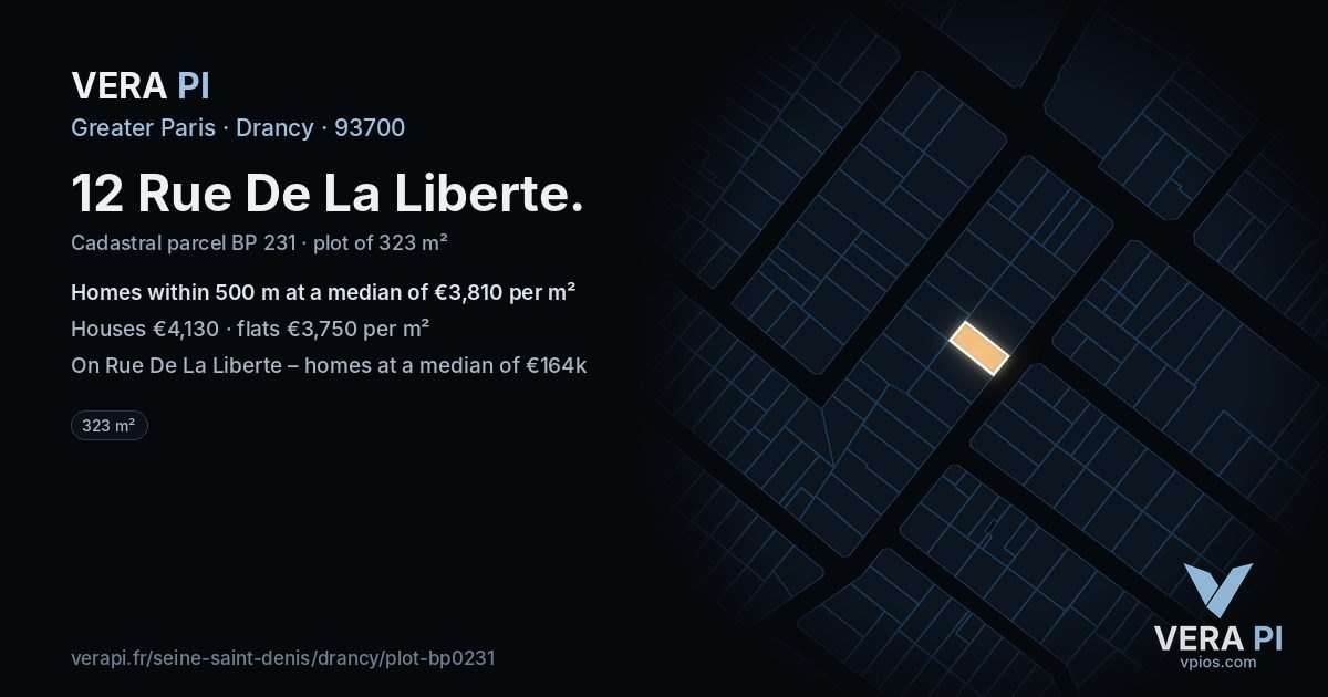 12 Rue De La Liberte, Drancy at night – the plot lit, the parcels around coloured by the prices near them