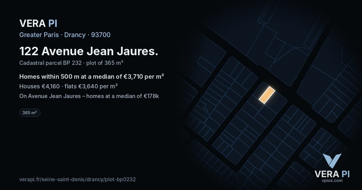 122 Avenue Jean Jaures, Drancy at night – the plot lit, the parcels around coloured by the prices near them