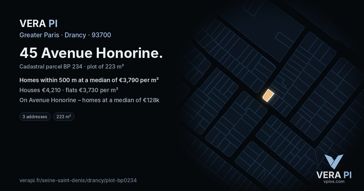 45 Avenue Honorine, Drancy at night – the plot lit, the parcels around coloured by the prices near them