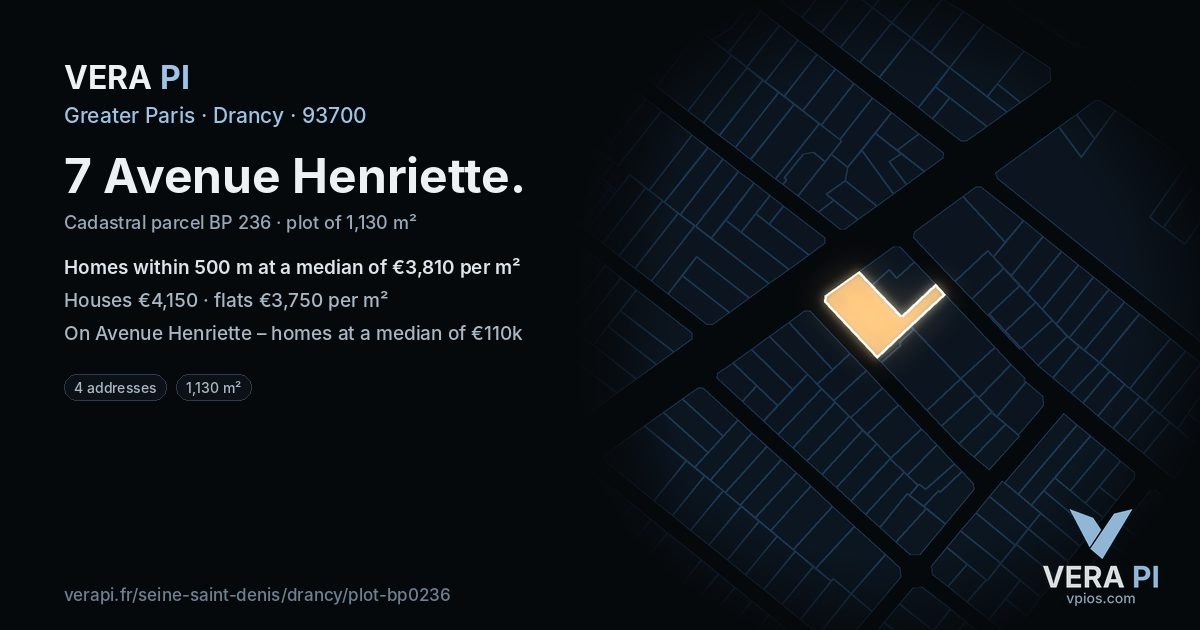7 Avenue Henriette, Drancy at night – the plot lit, the parcels around coloured by the prices near them