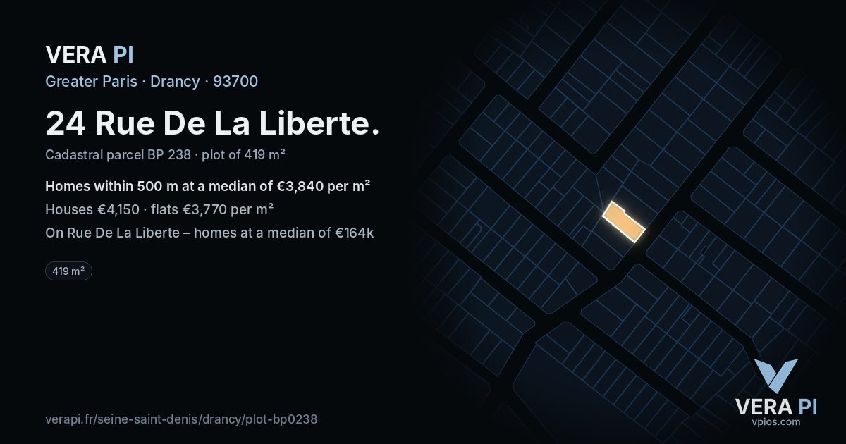 24 Rue De La Liberte, Drancy at night – the plot lit, the parcels around coloured by the prices near them