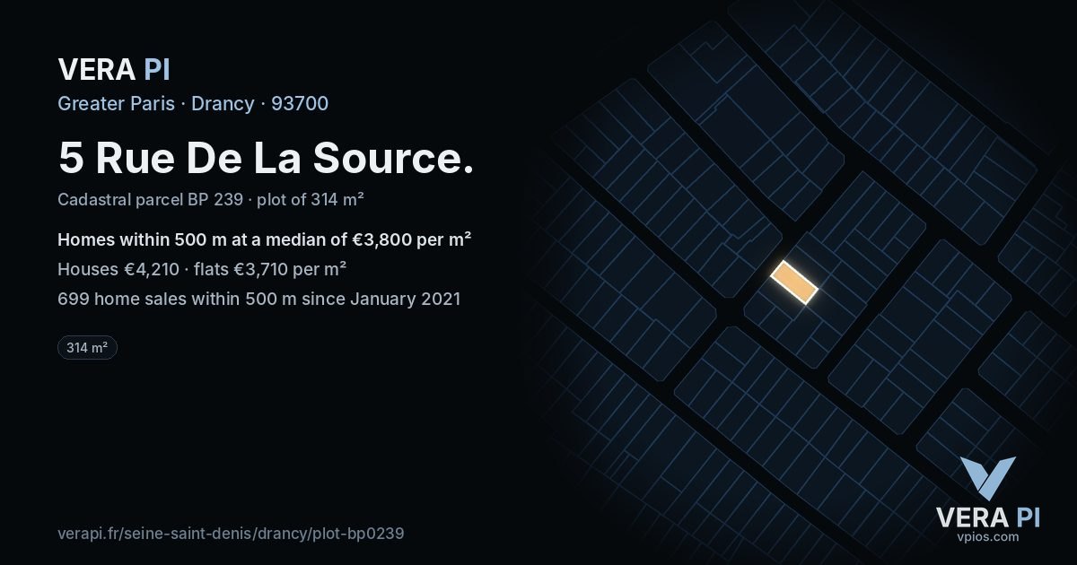 5 Rue De La Source, Drancy at night – the plot lit, the parcels around coloured by the prices near them