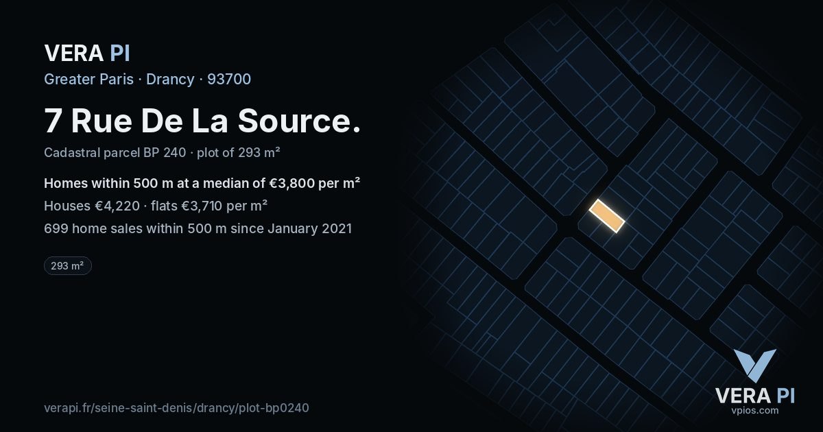 7 Rue De La Source, Drancy at night – the plot lit, the parcels around coloured by the prices near them