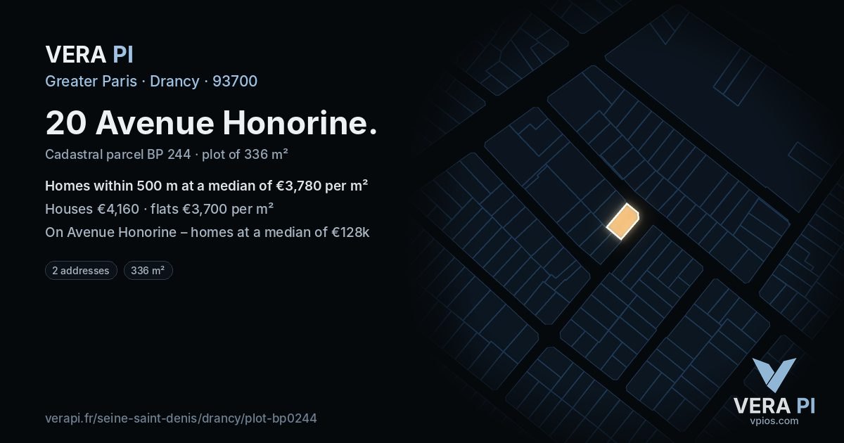 20 Avenue Honorine, Drancy at night – the plot lit, the parcels around coloured by the prices near them