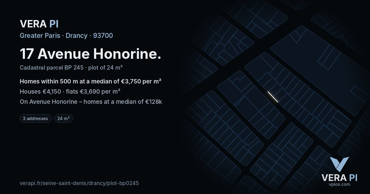 17 Avenue Honorine, Drancy at night – the plot lit, the parcels around coloured by the prices near them