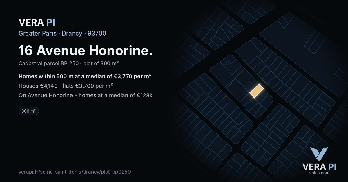 16 Avenue Honorine, Drancy at night – the plot lit, the parcels around coloured by the prices near them