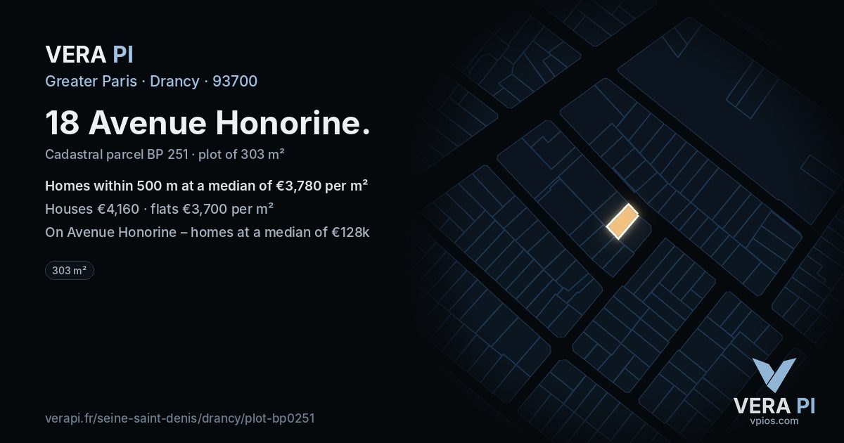 18 Avenue Honorine, Drancy at night – the plot lit, the parcels around coloured by the prices near them