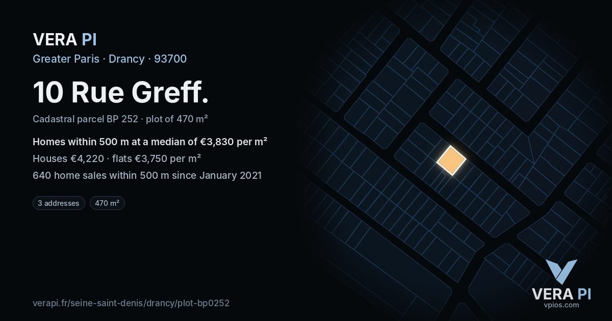 10 Rue Greff, Drancy at night – the plot lit, the parcels around coloured by the prices near them