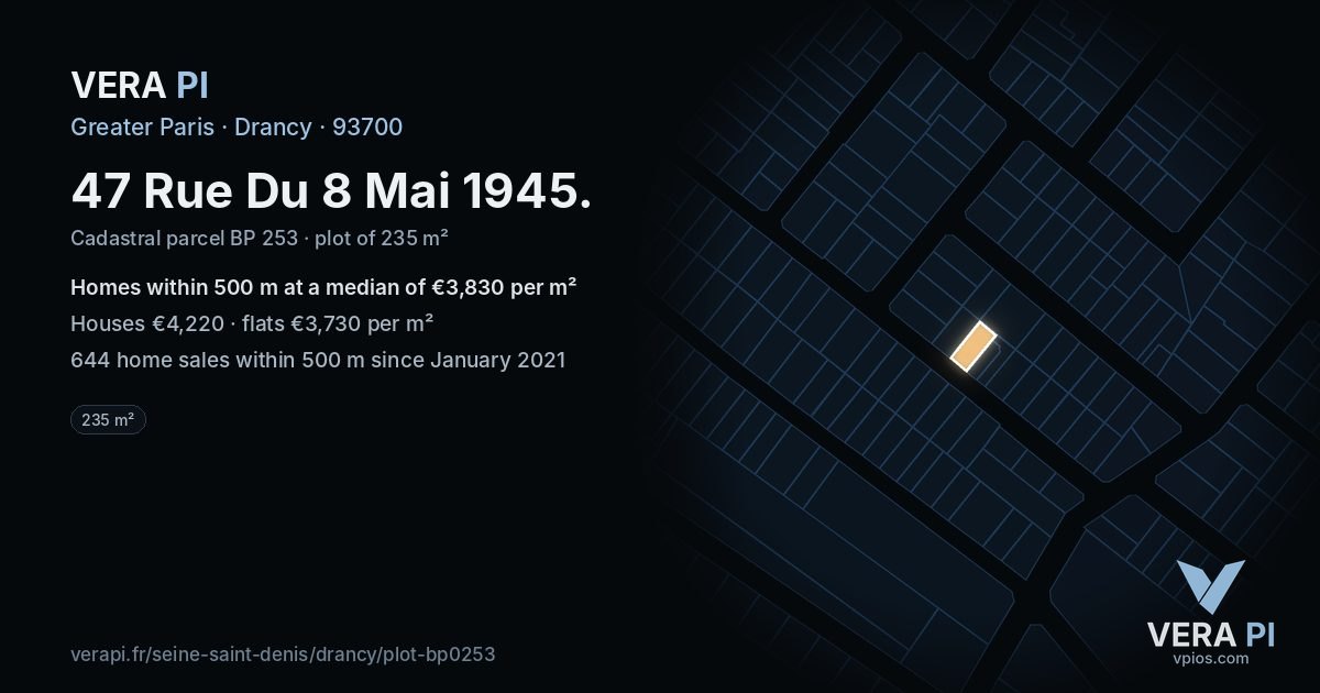 47 Rue Du 8 Mai 1945, Drancy at night – the plot lit, the parcels around coloured by the prices near them