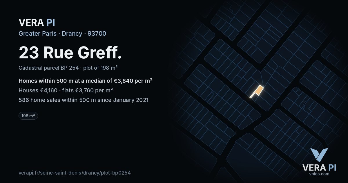 23 Rue Greff, Drancy at night – the plot lit, the parcels around coloured by the prices near them