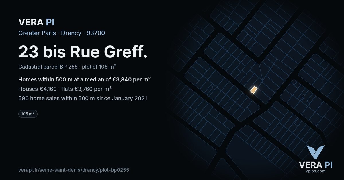 23 bis Rue Greff, Drancy at night – the plot lit, the parcels around coloured by the prices near them