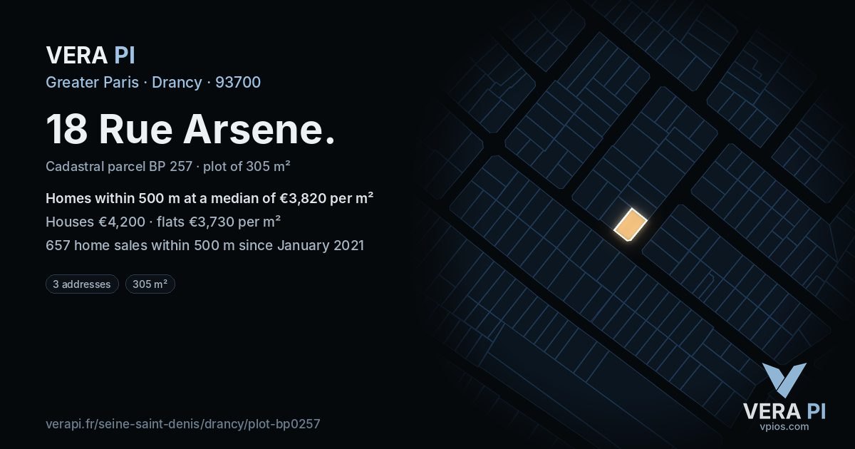 18 Rue Arsene, Drancy at night – the plot lit, the parcels around coloured by the prices near them
