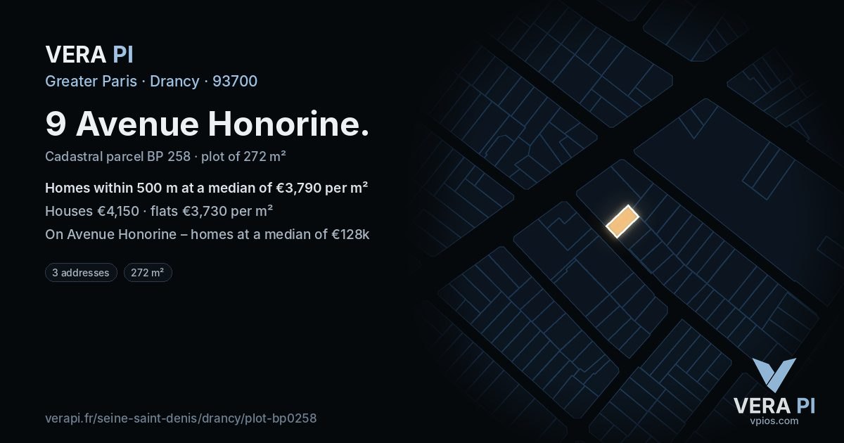 9 Avenue Honorine, Drancy at night – the plot lit, the parcels around coloured by the prices near them
