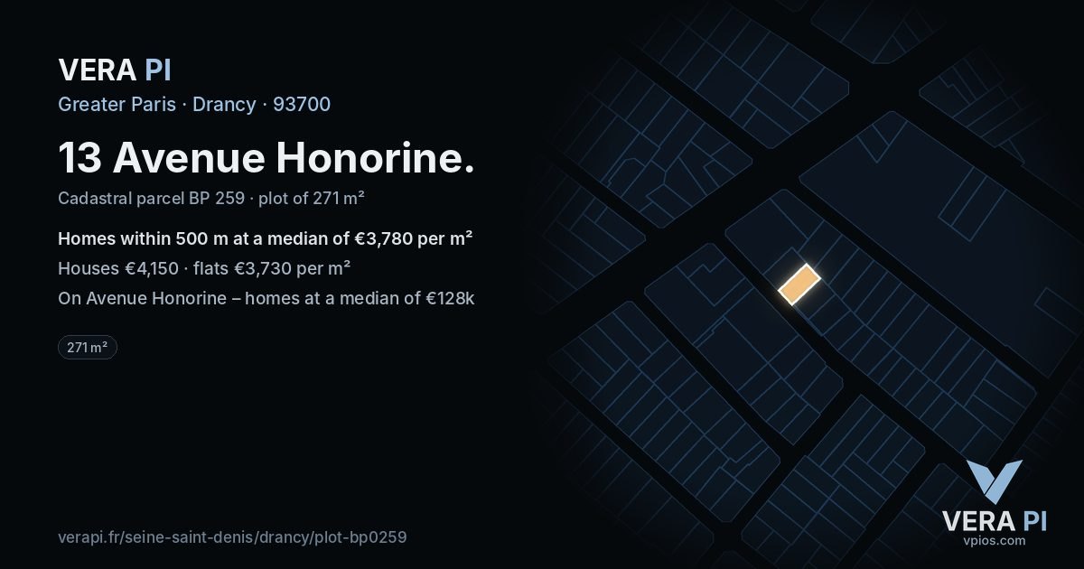 13 Avenue Honorine, Drancy at night – the plot lit, the parcels around coloured by the prices near them