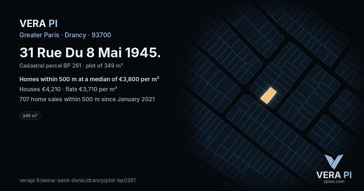 31 Rue Du 8 Mai 1945, Drancy at night – the plot lit, the parcels around coloured by the prices near them